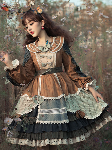 Milanoo Sweet Lolita OP Dress Bows Lace Up Coffee Brown Long Sleeves Lolita One Piece Dresses