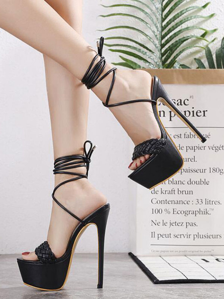 Milanoo Women Sexy High Heels Black Open Toe PU Leather Stiletto Platform Heel Shoes Stripper Shoes