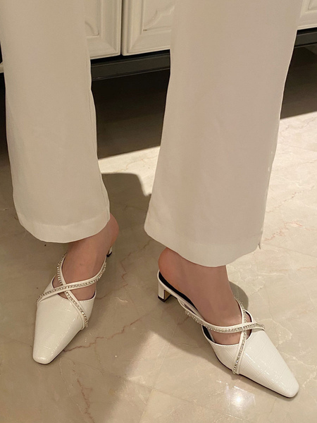 Milanoo Womens Mules PU Leather White Square Toe Slingbacks Shoes