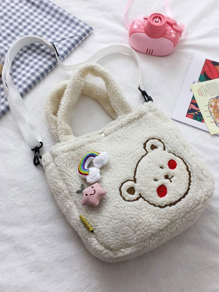 Image of Sweet Lolita Bag White Faux Suede Teddy Bear Pattern Accessori Lolita