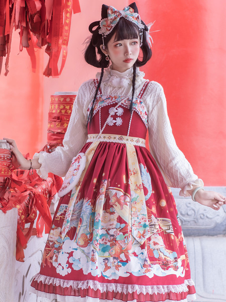 Milanoo Chinese Style Lolita JSK Dress 2-Piece Set Burgundy Sleeveless Polyester Lolita Jumper Skirt