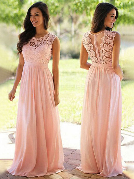 Milanoo Bridesmaid Dresses Light Pink A-Line Zipper Lace Chiffon Prom Dress Long Pageant Dress