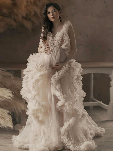 Milanoo Maternity Wedding Dress Ecru White V-Neck Sleeveless Tulle Long Bridge Gowns With Train