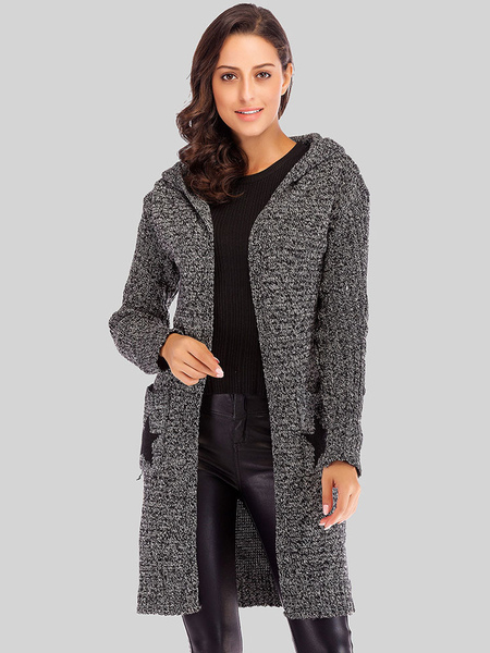 Milanoo Women Sweaters Cardigans Grey Polyester Pockets Long Sleeves Hooded Overcoat
