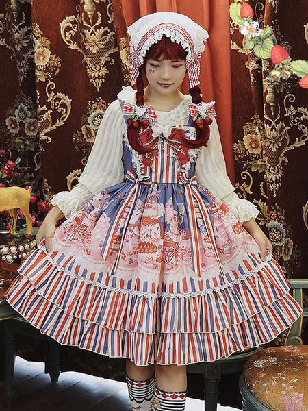 Image of Sweet Lolita JSK Dress Fairytale Infanta Gonne in maglia Lolita senza maniche in pizzo blu profondo