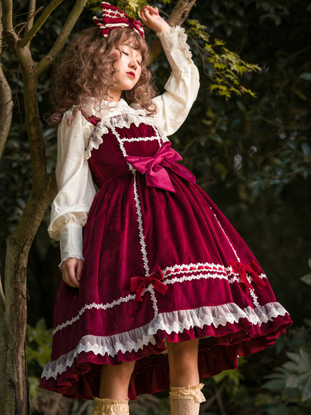 Milanoo Sweet Lolita JSK Dress Fairytale Infanta Sleeveless Lace Burgundy Lolita Jumper Skirts