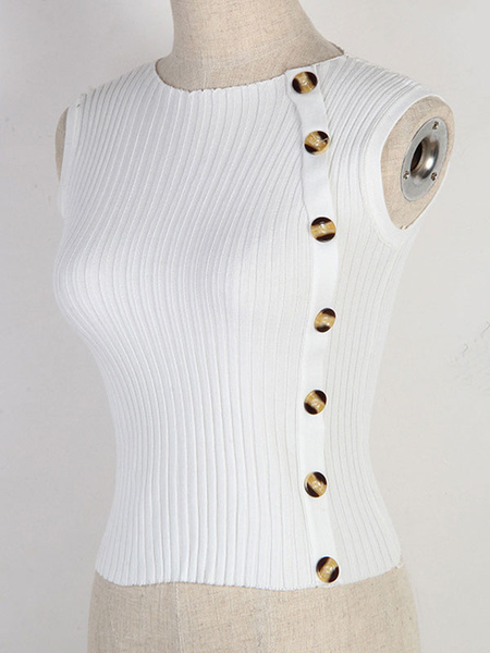 Milanoo Women Pullovers White Buttons Jewel Neck Sleeveless Asymmetrical Cotton Sweaters