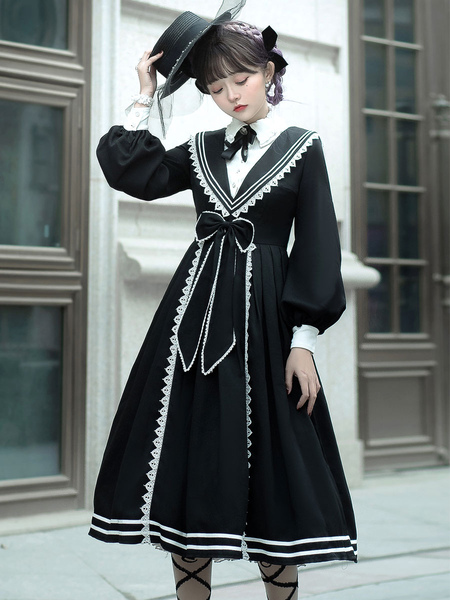 Milanoo Academic Lolita OP Dress 2-Piece Set Bowknot Lace Up Black Long Sleeves Classical Lolita One