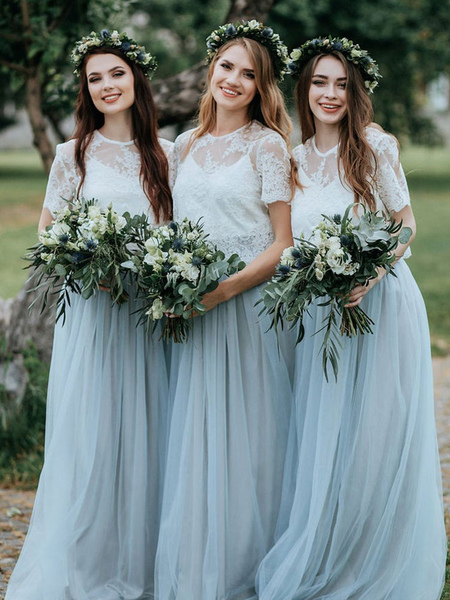 Milanoo Bridesmaid Dress Blue A-Line Jewel Neck Short Sleeve Floor-Length Lace Prom Dress