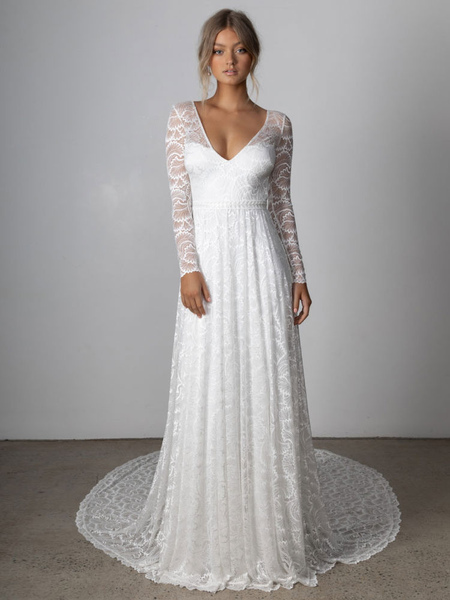 Milanoo Ivory Lace Wedding Dress Chapel Train A-Line Long Sleeves Lace V-Neck Long Bridal Gowns