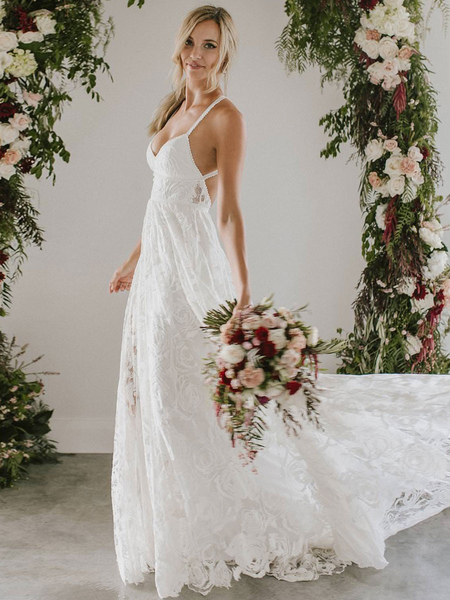 Milanoo Beach Wedding Dress With Chapel Train White V-Neck Sleeveless Backless Lace Split Long Brida