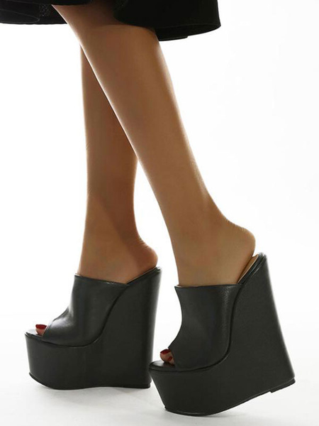 Milanoo Women Sexy High Heels Black PU Leather Open Toe Wedge Heel Sexy Shoes