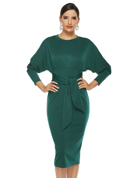 Milanoo Women Bodycon Dresses Green Long Sleeves Jewel Neck Casual Knotted Midi Dress Sheath Dress