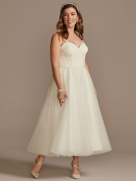 Milanoo Short Wedding Dress White Sleeveless Tea-Length Sweetheart Neck Sleeveless A-Line Natural Wa