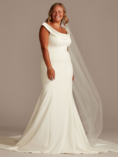 Milanoo White Mermaid Wedding Dresses With Chapel Train Stretch Crepe Sleeveless Off-Shoulder Button