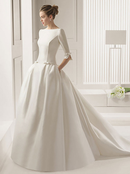 Milanoo Wedding Dresses A-Line Chapel Bateau Neck Train 3/4 Length Sleeves Bows Satin Fabric White B