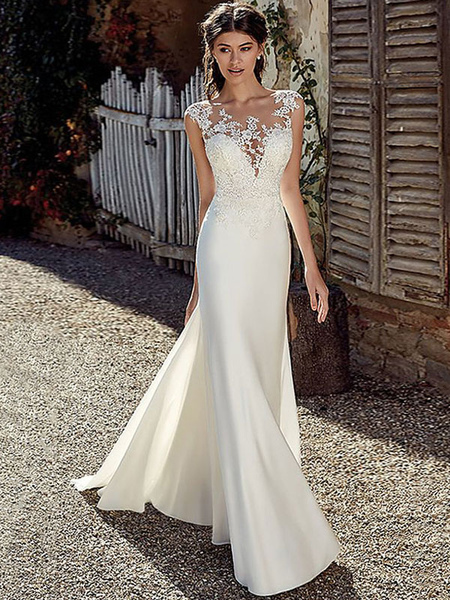 Milanoo White Simple Wedding Dress White Chiffon Illusion Neckline Sleeveless Court Train Applique S