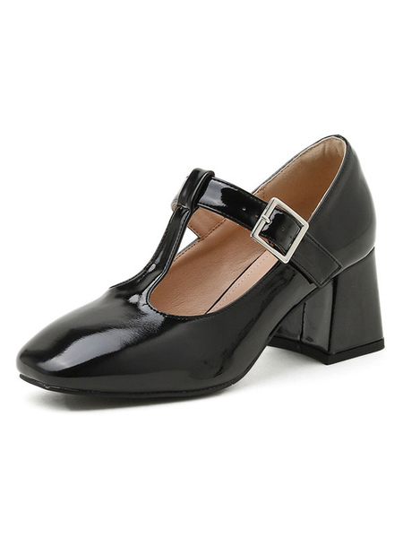 Milanoo Womans Black T Strap Heels Patent Leather Square Toe Block Heel Vintage Shoes