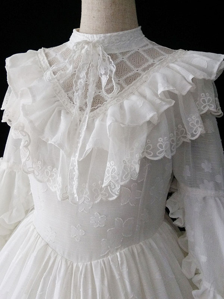 Classical Lolita OP Dress 4-Piece Set White Ruffles Long Sleeve Sweet Lolita One Piece Dresses