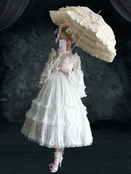 Classical Lolita OP Dress 4-Piece Set White Ruffles Long Sleeve Sweet Lolita One Piece Dresses