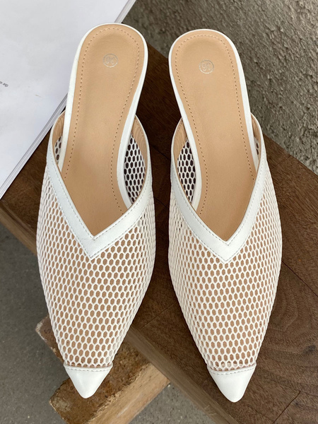 Milanoo Womens Mules White Mesh Pointed Toe Stiletto Heel Casual Slingbacks Shoes