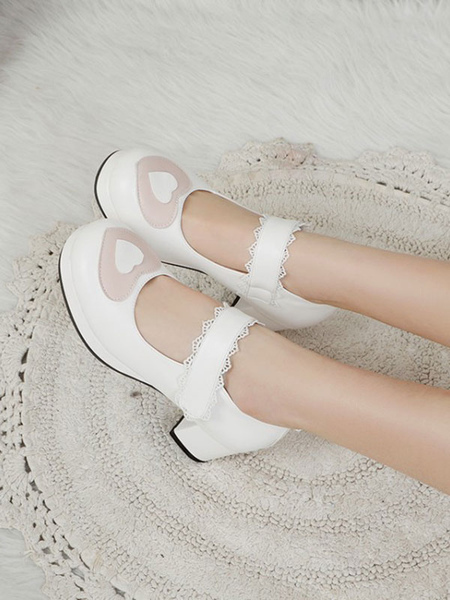 Image of Sweet Lolita Footwear White Cascading Ruffles Round Toe PU Leather Lolita pumps