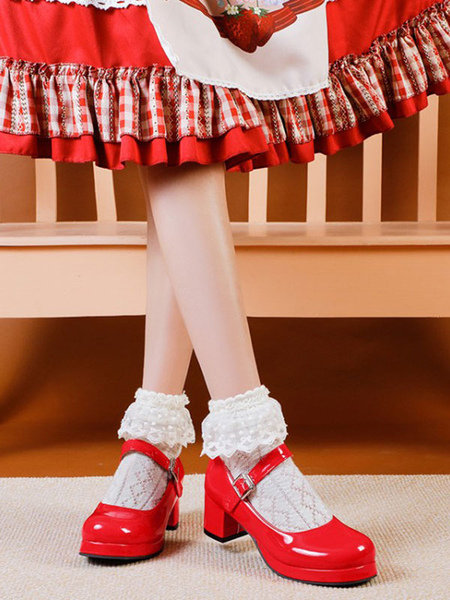 Image of Sweet Lolita Footwear Décolleté Lolita con tacco grosso in pelle PU rossa