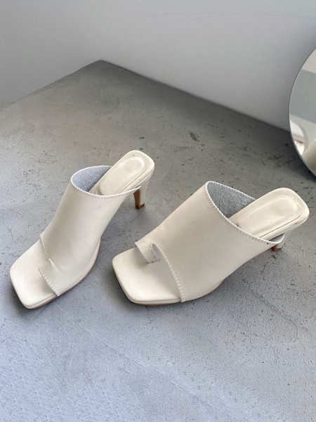Milanoo Womens Slipper Evre White PU Leather Square Toe Stiletto Heel Casual Mules