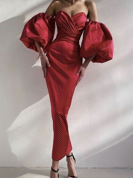Women Maxi Dresses Burgundy Red Half Puffer Sleeves Polyester Long Dress
