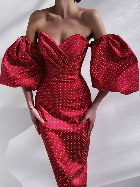 Women Maxi Dresses Burgundy Red Half Puffer Sleeves Polyester Long Dress