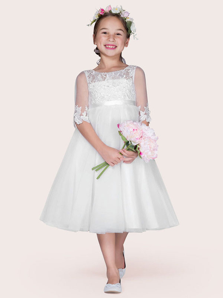Milanoo Flower Girl Dresses Ivory Jewel Tulle Neck Tulle Half Sleeves A-Line Lace Kids Party Dresses