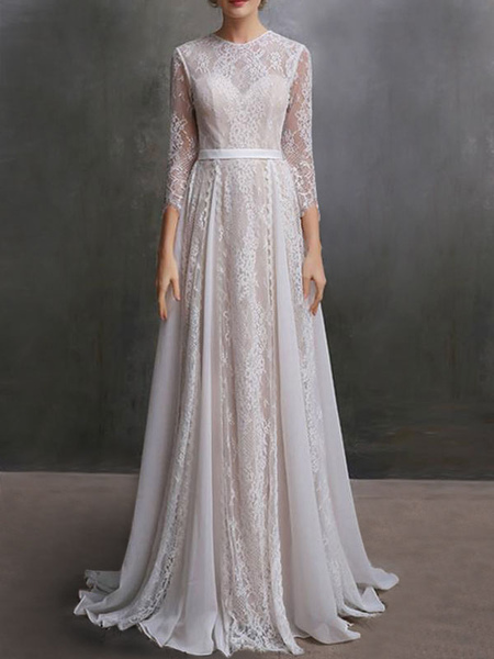Milanoo Wedding Dress With Train A-Line Long Sleeves Chiffon Jewel Neck Ivory Bridal Gowns