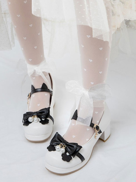 Milanoo Sweet Lolita Footwear White PU Leather Round Toe Black Bowknot Lolita Shoes
