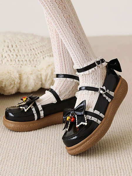 Milanoo Sweet Lolita Footwear Black PU Leather Round Toe Bowknot Daily Casual Lolita Shoes