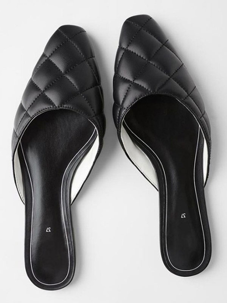 Milanoo Womens Mules Black PU Leather Pointed Toe Heelless Slip-On Flat Sandal