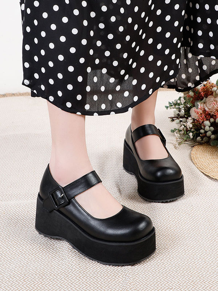 Image of Lolita accademica calzature nera rotonda in pelle PU in pelle PU
