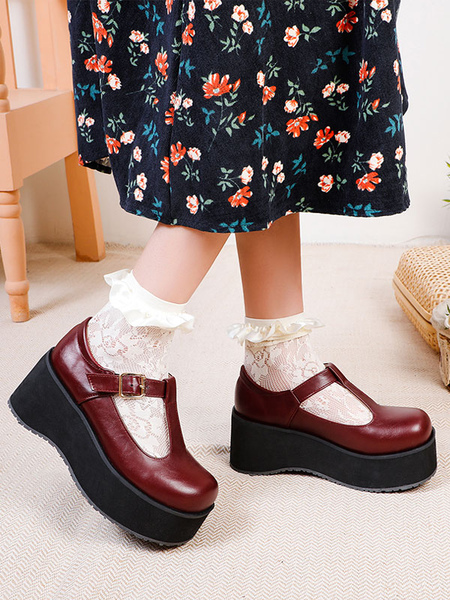 Image of Calzature accademiche Lolita Borgogna Borgogna rotonda PU Leather Daily Casual Lolita scarpe