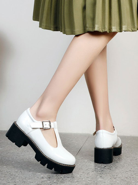 Image of Accademiche Lolita Footwear Bianco PU in pelle rotonda TOE POMPE LOLITA POMPELITA