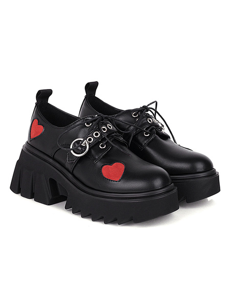 Milanoo Gothic Lolita Footwear Black Round Toe PU Leather Heart Pattern Lolita Pumps