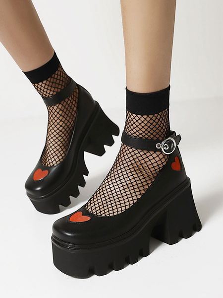 Image of Gothic Lolita Footwear Black Heart Pattern Round Toe PU Lace Up Lolita Pompe