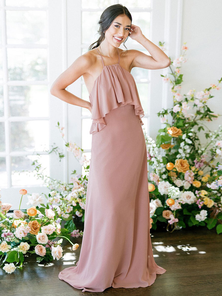 Milanoo Bridesmaid Dresses A-Line Floor-Length Sleeveless Backless Chiffon Cameo Brown Formal Gowns