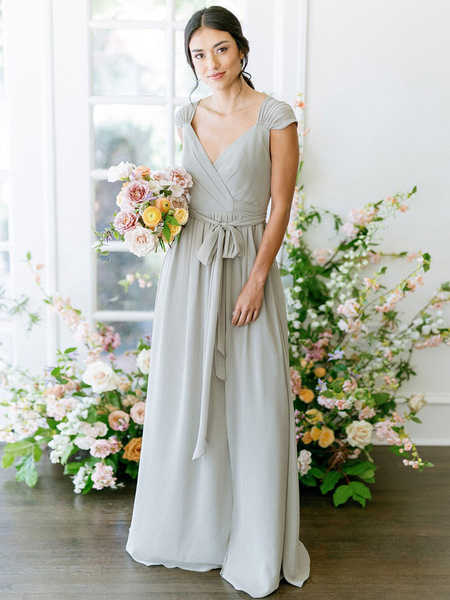 

Milanoo Bridesmaid Dresses A-Line V-neck Short Sleeve Backless Floor-Length Chiffon Light Grey Forma, Light gray