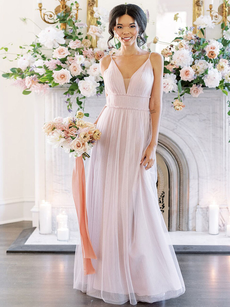 Milanoo Bridesmaid Dresses A-Line V-neck Sleeveless Zipper Floor-Length Single Thread Tulle Wedding