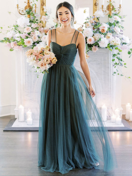 

Milanoo Bridesmaid Dresses A-Line Sweetheart Neck Sleeveless Floor-Length Single Thread Tulle Green, Cyan