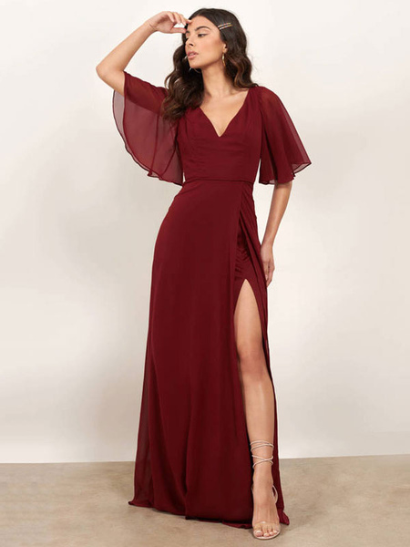 

Milanoo Bridesmaid Dress Burgundy A-Line Floor-Length V-Neck Half-Sleeve Zipper Split Chiffon Weddin
