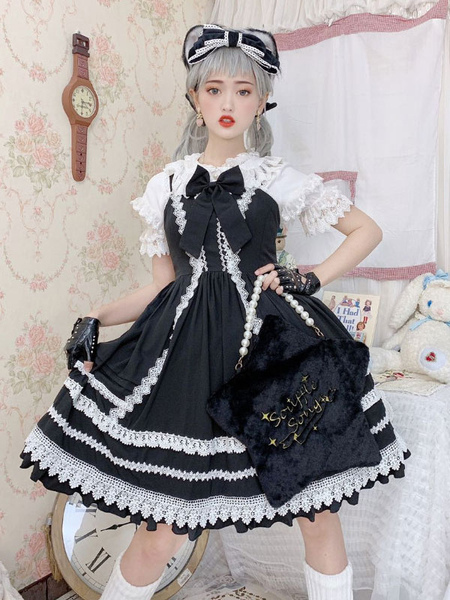 Image of Sweet Lolita JSK Dress Gonne in maglia Lolita in fibra di poliestere bicolore con volant senza maniche nere