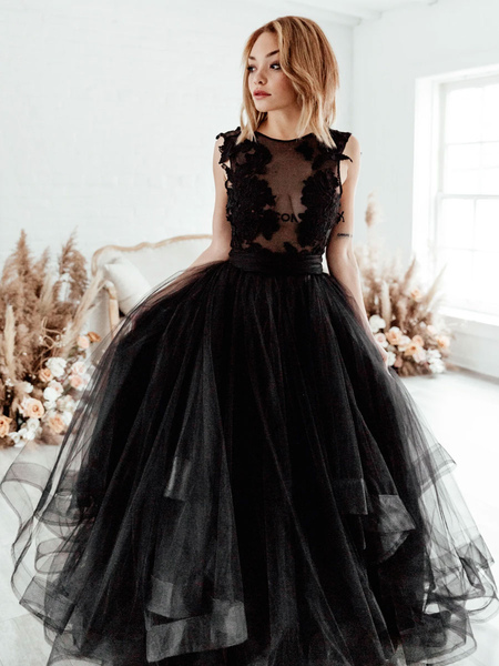 Milanoo Black Bridal Dress A-Line Illusion Neckline Sleeveless Backless Applique Floor-Length Lace T