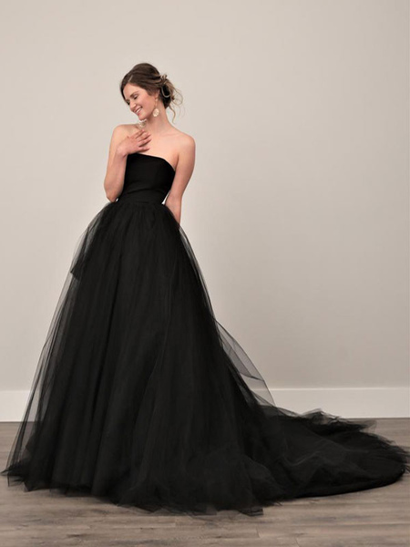Milanoo Black Wedding Dresses A-Line Strapless Pleated Taffeta Tulle Chapel Train Bridal Dress