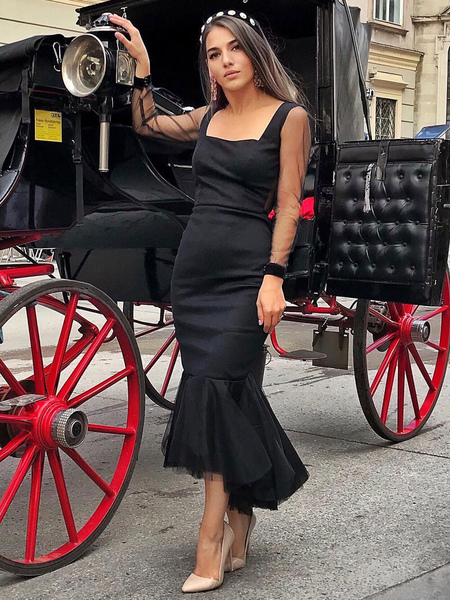 

Milanoo Black Evening Dress Mermaid Square Neck Long Sleeves Zipper Ruffles Polyester Bodycon Formal