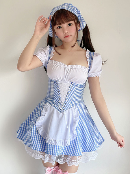Image of Sweet Lolita OP Dress Baby Blue Lace Up Plaid Ruffle Maid Lolita Abiti di un pezzo